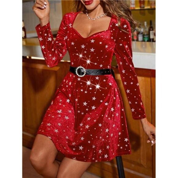 Clasi Women's Elegant Christmas Party Heart Neck Velvet Ruffled A-Line Bodycon - Picture 4 of 6